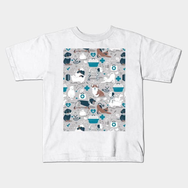 Veterinary medicine, happy and healthy friends // pattern // grey background turquoise details navy blue white and brown cats dogs and other animals Kids T-Shirt by SelmaCardoso